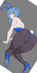 Rule 34 | 1girl, absurdres, alternate costume, animal ears, ass, back, bent over, blue eyes, blue footwear, blue hair, blue leotard, breasts, cameltoe, high heels, highres, hololive, hoshimachi suisei, leotard, looking at viewer, mibe (suiseichu), open mouth, pantyhose, playboy bunny, rabbit ears, rabbit tail, side ponytail, sideboob, simple background, small breasts, solo, tail, thick thighs, thighs, virtual youtuber