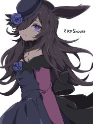 Rule 34 | 1girl, animal ears, back bow, black hair, blue dress, blue flower, blue hat, blue rose, bow, closed mouth, dress, dress bow, flower, from side, frown, fur collar, hair over one eye, hat, hat flower, highres, horse ears, horse girl, long bangs, long hair, long sleeves, looking at viewer, off-shoulder dress, off shoulder, purple eyes, revision, rice shower (umamusume), rjsn, rose, simple background, solo, standing, tilted headwear, umamusume, white background