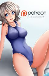 Rule 34 | 10s, 1girl, absurdres, blue eyes, blue one-piece swimsuit, breasts, cameltoe, competition swimsuit, covered navel, grey hair, highres, katrina lynn, lips, logo, looking at viewer, love live!, love live! sunshine!!, one-piece swimsuit, open mouth, patreon, patreon username, short hair, sitting, smile, solo, swimsuit, watanabe you, watermark, web address