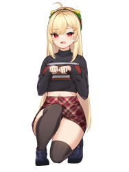 Rule 34 | 1girl, :d, absurdres, ahoge, black footwear, black shirt, black thighhighs, blonde hair, convenient leg, crop top, hamburger hat, hat, highres, jingburger, loafers, long hair, long sleeves, looking at viewer, midriff, miniskirt, open mouth, paw pose, pencil skirt, plaid, plaid skirt, red eyes, red skirt, shirt, shoes, skirt, smile, solo, squatting, thighhighs, thighs, very long hair, virtual youtuber, waktaverse, ziro (zirorong)