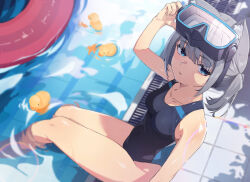 Rule 34 | 1girl, absurdres, animal ear fluff, animal ears, bare arms, bare shoulders, black one-piece swimsuit, blue archive, blue eyes, blue halo, blurry, blush, breasts, collarbone, competition swimsuit, covered navel, elise (wdsm2344), goggles, goggles on head, grey hair, hair between eyes, halo, highleg, highleg swimsuit, highres, innertube, long hair, looking at viewer, low ponytail, medium breasts, multicolored clothes, multicolored swimsuit, official alternate costume, one-piece swimsuit, outdoors, pool, poolside, shiroko (blue archive), shiroko (swimsuit) (blue archive), sitting, smile, soaking feet, solo, swim ring, swimsuit, thighs, tiles, two-tone swimsuit, water, wet, wolf ears