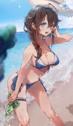 Rule 34 | 1girl, beach, blue eyes, blush, breasts, brown hair, cleavage, feet out of frame, hair between eyes, hat, highres, holding, holding water gun, kantai collection, large breasts, long hair, nsvel, ocean, official alternate costume, open mouth, ruohire9, shigure (kancolle), shigure kai san (kancolle), solo, straw hat, thigh strap, water gun