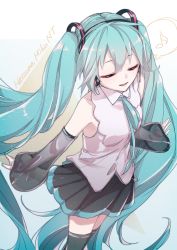 Rule 34 | 1girl, aqua hair, aqua ribbon, bare shoulders, black skirt, black thighhighs, blouse, character name, cowboy shot, detached sleeves, eighth note, closed eyes, from above, hair ornament, hatsune miku, hatsune miku (nt), headphones, headset, highres, layered sleeves, leaning forward, long hair, miniskirt, musical note, neck ribbon, parted lips, piapro, pleated skirt, ribbon, see-through, see-through sleeves, shinoduki, shirt, skirt, sleeveless, sleeveless shirt, smile, solo, spoken musical note, thighhighs, twintails, very long hair, vocaloid, white shirt, white sleeves, zettai ryouiki