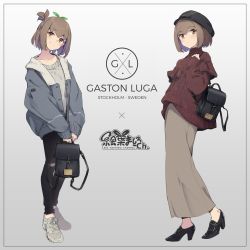 Rule 34 | 1girl, backpack, bag, black footwear, black headwear, black pants, brown hair, brown skirt, collarbone, earrings, eva mashiro, eva mashiro (vtuber), full body, gaston luga, grey shirt, hat, highres, indie virtual youtuber, jacket, jewelry, looking at viewer, multiple views, open clothes, open jacket, pants, product placement, shirt, shoes, short hair, skirt, sleeves past wrists, smile, sneakers, split mouth, sprout on head, standing, sweater, torn clothes, torn pants, turtleneck, turtleneck sweater, virtual youtuber, white footwear, yellow eyes