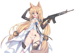 Rule 34 | 1girl, :d, animal ears, assault rifle, asymmetrical legwear, barcode, barcode tattoo, black thighhighs, blonde hair, blouse, blue eyes, cyborg, detached collar, g41 (girls&#039; frontline), girls&#039; frontline, google (asdek18), gun, h&amp;k g41, heterochromia, highres, long hair, looking at viewer, low-tied long hair, mismatched legwear, navel, open mouth, panties, red eyes, rifle, shirt, smile, solo, tattoo, thighhighs, twintails, underwear, weapon, white background, white panties, white shirt, white thighhighs