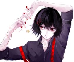 Rule 34 | 10s, 1boy, androgynous, arm over head, awara kayu, bell, black hair, black shirt, closed mouth, commentary request, fingernails, hair between eyes, hair ornament, hairclip, holding, looking to the side, male focus, nail polish, out of frame, red eyes, red nails, roman numeral, shirt, short hair, simple background, smile, solo, stitched face, stitches, string, suspenders, suzuya juuzou, tokyo ghoul, tokyo ghoul:re, white background, x hair ornament