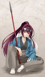 Rule 34 | 1girl, breasts, fate/grand order, fate (series), haori, japanese clothes, long hair, looking at viewer, mukunokino isshiki, polearm, ponytail, purple hair, red eyes, scathach (fate), shinsengumi, solo, spear, tabi, uniform, weapon