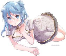 Rule 34 | 1girl, alternate costume, blue eyes, blue hair, breasts, china dress, chinese clothes, cleavage, cleavage cutout, clothing cutout, commentary request, double bun, dress, frilled dress, frills, grey dress, hair bun, highres, kantai collection, kukimaru, looking at viewer, medium breasts, one-hour drawing challenge, simple background, sitting, solo, urakaze (kancolle), white background, yokozuwari