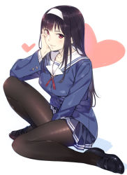 Rule 34 | 1girl, between legs, black footwear, black hair, black pantyhose, blazer, blue jacket, blue skirt, blush, breasts, bubuzuke, buttons, collarbone, commentary request, full body, hairband, hand between legs, hand on own cheek, hand on own face, heart, jacket, kasumigaoka utaha, knee up, loafers, long hair, long sleeves, looking at viewer, medium breasts, miniskirt, pantyhose, parted lips, pleated skirt, red eyes, saenai heroine no sodatekata, school uniform, shiny clothes, shoes, simple background, sitting, skirt, smile, solo, white background