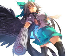 Rule 34 | 1girl, arm cannon, back, back cutout, black wings, blouse, breasts, brown hair, cape, clothing cutout, feathered wings, food, green skirt, hair ribbon, highres, kamaboko, large breasts, long hair, looking back, melon22, miniskirt, narutomaki, puffy short sleeves, puffy sleeves, red eyes, reiuji utsuho, ribbon, serious, shirt, short sleeves, skirt, solo, thighhighs, third eye, touhou, weapon, white shirt, wings, zettai ryouiki