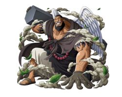 Rule 34 | 1boy, beard, black hair, brown gloves, facial hair, feathered wings, gloves, jewelry, kneeling, looking at viewer, necklace, official art, one piece, one piece treasure cruise, open mouth, sandals, teeth, urogue, wings