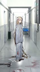 Rule 34 | 1girl, absurdly long hair, arms at sides, bandaged head, bandages, barefoot, bed, blonde hair, blood, blood bag, blood on clothes, blood splatter, blood stain, closed mouth, collared shirt, commentary, full body, hallway, hospital bed, intravenous drip, jewelry, long hair, long sleeves, looking at viewer, original, pajamas, pants, pendant, red eyes, shirt, shui ran moon, sidelocks, solo, standing, striped clothes, striped pants, striped shirt, very long hair, very long sleeves