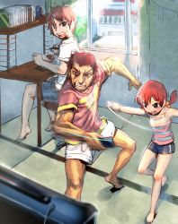 Rule 34 | 1girl, 2boys, barefoot, blue eyes, book, bow (bhp), controller, desk, game console, game controller, glasses, highres, multiple boys, original, playing games, red hair, shorts, single vertical stripe, striped, tank top, wii, wii remote, window
