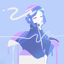 Rule 34 | 1girl, blue background, blue coat, blue hair, checkered background, closed eyes, coat, library of ruina, light smile, no lineart, pale skin, porccu 200g, project moon, short hair, smile, the bookhunter