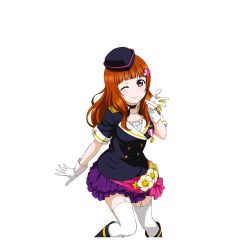 Rule 34 | 10s, 1girl, artist request, blunt bangs, blush, boots, breasts, choker, closed mouth, collarbone, epaulettes, flower, garrison cap, garter straps, gloves, hair ornament, hat, jacket, long hair, looking at viewer, love live!, love live! school idol festival, love live! school idol project, official art, one eye closed, orange hair, purple eyes, shocking party, simple background, skirt, smile, solo, standing, thighhighs, transparent background, white background, white gloves, white thighhighs, wink, yuki anju