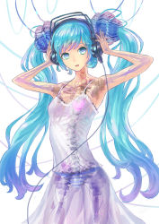 Rule 34 | 1girl, android, aqua eyes, aqua hair, armpits, arms up, denki, dress, hatsune miku, headphones, long hair, panties, see-through, simple background, skeleton, solo, striped clothes, striped panties, twintails, underwear, very long hair, vocaloid, white background