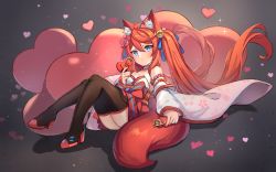 Rule 34 | 1girl, animal ears, bell, black footwear, black thighhighs, blue eyes, blue ribbon, blush, boots, bow, box, closed mouth, detached sleeves, food, fox ears, fox girl, fox tail, full body, gift, gift box, hair bell, hair between eyes, hair ornament, hair ribbon, heart, heart-shaped box, high heel boots, high heels, highres, holding, holding gift, jingle bell, long hair, long sleeves, miya (miyaruta), obi, original, pocky, red bow, red hair, red skirt, ribbon, sash, skirt, sleeves past wrists, solo, strapless, tail, thigh boots, thighhighs, twintails, valentine, very long hair, white sleeves