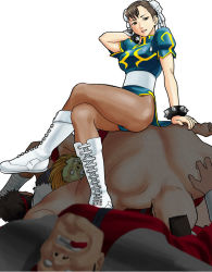 Rule 34 | 1girl, 4boys, blanka, boots, brown eyes, brown hair, capcom, china dress, chinese clothes, chun-li, double bun, dress, earrings, hair bun, jewelry, looking at viewer, m. bison, multiple boys, pantyhose, ryu (street fighter), simple background, smile, street fighter, white background, zangief