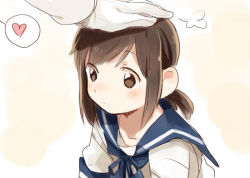 Rule 34 | 1boy, 1girl, puff of air, admiral (kancolle), blue sailor collar, blush, brown eyes, brown hair, closed mouth, d.y.x., fubuki (kancolle), gloves, hand on another&#039;s head, heart, kantai collection, long sleeves, low ponytail, ponytail, sailor collar, school uniform, serafuku, short ponytail, short sleeves, simple background, spoken heart, upper body, white gloves