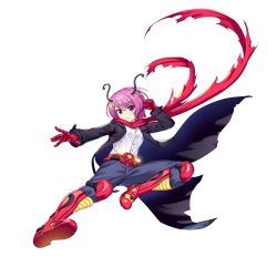 Rule 34 | 1girl, alternate eye color, alternate hair color, antennae, belt, black coat, black pants, boots, clenched hand, closed mouth, coat, full body, game cg, gloves, highres, kamen rider, long sleeves, looking at viewer, open clothes, open coat, pants, parody, pink eyes, pink hair, red footwear, red gloves, red scarf, rider belt, rider kick, rotte (1109), scarf, shirt, short hair, simple background, solo, third-party source, touhou, touhou lostword, white background, white shirt, wriggle nightbug, wriggle nightbug (kaiju of augmentation and mutation)