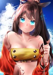 Rule 34 | 1girl, absurdres, bare shoulders, blue eyes, blue sky, blush, breasts, brown hair, cleavage, cloud, collarbone, commentary request, dated, day, el condor pasa (umamusume), highres, holding, holding mask, horse girl, jacket, long hair, looking at viewer, mask, unworn mask, medium breasts, mikuri kamazirou, outdoors, red jacket, shirt, sky, solo, strapless, tube top, umamusume, yellow shirt