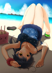 Rule 34 | 10s, 1girl, asahi (ge nyu), bare legs, beach, beach umbrella, black hair, blue one-piece swimsuit, blue sky, blush, breasts, cloud, collarbone, covered navel, day, female focus, from behind, hair between eyes, headband, highres, horizon, kantai collection, knees together feet apart, knees up, large breasts, long hair, looking at viewer, lying, military, military vehicle, on back, one-piece swimsuit, open mouth, outdoors, polka dot, polka dot swimsuit, ribbon, scrunchie, shade, shadow, ship, skirt, sky, smile, solo, strap slip, sunlight, swimsuit, umbrella, upside-down, ushio (kancolle), warship, watercraft, wrist scrunchie, yellow eyes