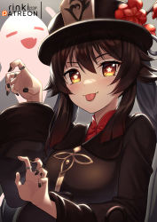 Rule 34 | 1girl, absurdres, black hair, black hat, black nails, brown shirt, chinese clothes, collared shirt, flower, genshin impact, ghost, hand up, hat, hat flower, highres, hu tao (genshin impact), jewelry, lo xueming, long hair, long sleeves, looking at viewer, multiple rings, nail polish, plum blossoms, red eyes, ring, shirt, smile, solo, star-shaped pupils, star (symbol), symbol-shaped pupils, tongue, tongue out, twintails, upper body, wide sleeves