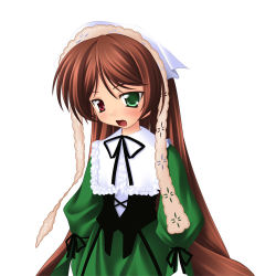 Rule 34 | 00s, 1girl, brown hair, dress, green dress, green eyes, heterochromia, long hair, long sleeves, lowres, open mouth, puffy sleeves, red eyes, rozen maiden, simple background, solo, suiseiseki, takacchi, very long hair, white background, wing collar