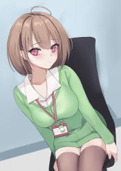 Rule 34 | 1girl, absurdres, ahoge, blush, breasts, brown hair, brown thighhighs, chair, collared shirt, commentary, cowboy shot, green sweater, hair ornament, hairclip, harusaki nodoka, highres, hololive, id card, lanyard, long sleeves, looking at viewer, medium breasts, micro shorts, office chair, parted lips, purple shorts, red eyes, rifufu, shirt, short hair, shorts, sitting, solo, sweater, swivel chair, thighhighs, virtual youtuber, white shirt, wing collar, zettai ryouiki