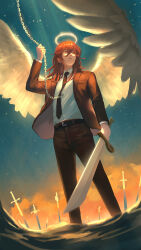 Rule 34 | 1boy, angel, angel devil (chainsaw man), angel wings, belt, belt buckle, black belt, black jacket, black necktie, black pants, blazer, brown hair, buckle, buttons, chain, chainsaw man, collared shirt, dinhosaur, feathered wings, formal, hair between eyes, halo, hand up, highres, holding, holding chain, holding sword, holding weapon, jacket, long bangs, long sleeves, looking afar, medium hair, necktie, open clothes, open jacket, open mouth, pants, planted, planted sword, planted weapon, red eyes, shirt, shirt tucked in, solo, suit, suit jacket, sunlight, sword, unsheathed, wading, water, weapon, white shirt, white wings, wings