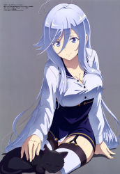 Rule 34 | 1girl, 86 -eightysix-, absurdres, blue eyes, blue hair, blue skirt, breasts, cat, cleavage, closed mouth, collarbone, garter straps, grey background, hair between eyes, highres, large breasts, long bangs, long hair, long sleeves, looking at viewer, megami magazine, official art, petting, scan, school uniform, shirt, sidelocks, simple background, sitting, skirt, smile, solo, thighhighs, very long hair, vladilena millize, white shirt, white thighhighs