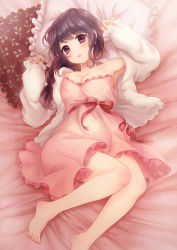 Rule 34 | 1girl, bare shoulders, barefoot, blush, breasts, brown hair, cleavage, frilled pillow, frills, highres, legs, long hair, lying, nanairo fuuka, on back, original, pajamas, parted lips, pillow, purple eyes, solo, sweater