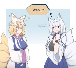 Rule 34 | 2girls, animal ears, azur lane, blonde hair, blue eyes, blue skirt, blunt bangs, breasts, closed mouth, commentary, commission, dress, english commentary, english text, eyeliner, fox ears, fox girl, fox tail, hair intakes, hat, highres, index finger raised, kaga (azur lane), kitsune, large breasts, looking at another, makeup, mata (matasoup), mob cap, multiple girls, multiple tails, short hair, simple background, skirt, sweatdrop, tabard, tail, thought bubble, touhou, white dress, white hair, white headwear, yakumo ran, yellow eyes