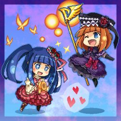 Rule 34 | 2girls, blue eyes, blue hair, bow, brown hair, bug, butterfly, chibi, dress, eva beatrice, frills, furudo erika, gloves, hair ornament, hat, heart, bug, lowres, multiple girls, one eye closed, open mouth, pantyhose, pink bow, pixel art, pote (ptkan), red hair, short hair, staff, tape, twintails, umineko no naku koro ni, wink, witch