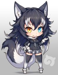 Rule 34 | 10s, 1girl, animal ears, april fools, between breasts, black hair, black legwear, blue eyes, blush, breasts, chibi, fang, fang out, full body, fur collar, gloves, grey wolf (kemono friends), heterochromia, japari symbol, kemono friends, long hair, long sleeves, looking at viewer, medium breasts, multicolored hair, necktie, necktie between breasts, skirt, solo, tail, tsuji, two-tone hair, wolf ears, wolf tail, yellow eyes