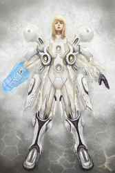 Rule 34 | 1girl, androgynous, arm cannon, armor, blonde hair, bodysuit, closed eyes, from above, full armor, light suit (metroid), lips, long hair, lying, metroid, metroid prime 2: echoes, metroid prime echoes, on back, power armor, raydiant, samus aran, solo, standing, weapon