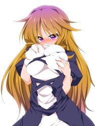 Rule 34 | 1girl, black dress, blonde hair, blush, breasts squeezed together, breasts, dress, female focus, gradient hair, hachi (chihagura), highres, hijiri byakuren, large breasts, layered dress, long hair, looking at viewer, multicolored hair, puffy short sleeves, puffy sleeves, purple eyes, purple hair, short sleeves, solo, touhou, very long hair, white dress