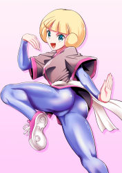Rule 34 | 1girl, artist request, ass, blonde hair, blue eyes, bodysuit, breasts, cameltoe, creatures (company), from behind, from below, game freak, greta (pokemon), highres, japanese clothes, kimono, looking at viewer, looking back, looking down, nintendo, open mouth, pokemon, pokemon emerald, pokemon rse, shiny clothes, shoes, short hair, short kimono, sideboob, skin tight, smile, sneakers, solo