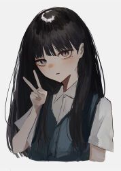 Rule 34 | 1girl, absurdres, aegyo sal, black hair, blue vest, blunt bangs, buttons, collared shirt, commentary request, cropped torso, dot nose, expressionless, eyelashes, hand up, highres, long hair, messy hair, mole, mole under eye, original, parted lips, pikuson, purple eyes, shirt, solo, upper body, v, vest, white shirt