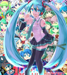 Rule 34 | 6+girls, absurdres, ao hito, bare shoulders, black legwear, black skirt, blue eyes, blue hair, blue nails, blue necktie, blush, breasts, copyright name, cosplay, detached sleeves, gumi, gumi (cosplay), hachune miku, hatsune miku, headset, highres, kagamine rin, lol -lots of laugh- (vocaloid), long hair, looking at viewer, medium breasts, megpoid, multiple girls, nail polish, necktie, open mouth, skirt, smile, spring onion, standing, thighhighs, tie clip, twintails, vocaloid