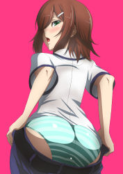Rule 34 | 1boy, ass, baka to test to shoukanjuu, blush, brown hair, bulge, crossdressing, denim, green eyes, hair ornament, hairclip, ippo, jeans, kinoshita hideyoshi, looking back, male focus, open mouth, panties, pants, pink background, short hair, simple background, solo, striped clothes, striped panties, trap, underwear, undressing