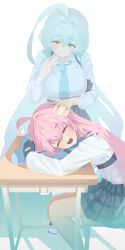 2girls absurdres ahoge aqua_hair aqua_necktie black_gloves blue_archive breasts closed_eyes closed_mouth commentary_request desk gloves grey_skirt hand_up highres hoshino_(blue_archive) large_breasts long_hair long_sleeves looking_at_another multiple_girls necktie on_chair open_mouth pink_hair plaid_clothes plaid_skirt school_desk school_uniform shirt skirt sleeping smile very_long_hair white_shirt yamaharu_(xxzf7284) yume_(blue_archive)