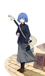 Rule 34 | 1girl, absurdres, bag, bass guitar, black bag, black pantyhose, black shirt, blue hair, bocchi the rock!, breasts, brown footwear, buttons, closed mouth, coffee cup, collared shirt, commentary request, cup, disposable cup, full body, grey skirt, guitar, hair between eyes, hand in pocket, hand up, handbag, highres, holding, holding cup, hongga (joyw), instrument, long skirt, long sleeves, looking at viewer, medium breasts, mole, mole under eye, pantyhose, pocket, shadow, shirt, shoes, short hair, simple background, skirt, solo, standing, white background, yamada ryo, yellow eyes