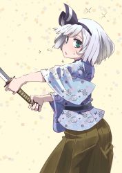Rule 34 | 1girl, alternate costume, bow, commentary request, cowboy shot, from side, green eyes, hair bow, hakama, hakama skirt, highres, holding, holding sword, holding weapon, japanese clothes, konpaku youmu, looking at viewer, open mouth, short hair, skirt, solo, sparkle, sweat, sword, tanaka nunu, touhou, two-handed, weapon, white hair