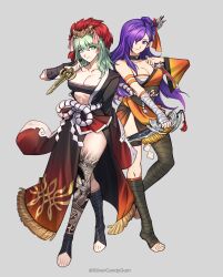 Rule 34 | 2girls, absurdres, alternate costume, bandages, bandeau, black kimono, black sash, breasts, byleth (female) (fire emblem), byleth (fire emblem), chest sarashi, cleavage, commentary, dagger, dual wielding, english commentary, fire emblem, fire emblem: three houses, fire emblem heroes, fire emblem warriors: three hopes, full body, green eyes, green hair, grey background, hair over one eye, highres, holding, holding dagger, holding knife, holding weapon, japanese clothes, kimono, knife, large breasts, leg tattoo, long hair, looking at viewer, midriff, multiple girls, navel, nintendo, obi, orange kimono, purple eyes, purple hair, sarashi, sash, shez (female) (fire emblem), shez (fire emblem), silvercandy gum, simple background, smile, standing, stomach, strapless, tattoo, thighs, tube top, weapon