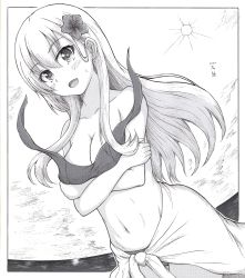 Rule 34 | 1girl, absurdres, arms under breasts, bikini, breast hold, breasts, cleavage, dated, flower, greyscale, h2 (h20000000), hair flower, hair ornament, highres, horizon, kantai collection, medium breasts, monochrome, navel, open mouth, signature, skirt, smile, solo, sun, suzuya (kancolle), sweatdrop, swimsuit, traditional media, wardrobe malfunction