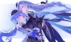 Rule 34 | 2girls, ahoge, asymmetrical docking, bare shoulders, bell, black gloves, blue eyes, blue hair, blush, bodystocking, bodysuit, braid, breast press, breasts, brown legwear, clothing cutout, covered navel, detached sleeves, dress, elbow gloves, ganyu (genshin impact), genshin impact, gloves, hair ornament, hair over one eye, hajime (hajime-ill-1st), highres, hip vent, horns, large breasts, long hair, long sleeves, looking at viewer, low-braided long hair, low-tied long hair, medium breasts, multiple girls, pantyhose, partially fingerless gloves, puffy long sleeves, puffy sleeves, purple eyes, shenhe (genshin impact), shoulder cutout, smile, tabard, tassel, thighs, very long hair, white dress, white hair