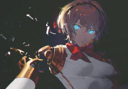 Rule 34 | 1girl, aegis (persona), android, blonde hair, blue eyes, bow, bowtie, fajyobore, glowing, glowing eyes, highres, joints, looking at viewer, open mouth, persona, persona 3, red bow, red bowtie, robot joints, simple background, solo