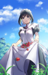Rule 34 | 1girl, apron, apron basket, black dress, black hair, blue eyes, blue sky, blurry, blurry foreground, breasts, cloud, collared dress, commentary request, day, depth of field, dress, food, frilled apron, frills, fruit, hair between eyes, looking at viewer, maid, maid headdress, original, outdoors, parted lips, puffy short sleeves, puffy sleeves, short sleeves, sky, small breasts, solo, standing, strawberry, touyama sabu, tree, white apron