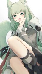 Rule 34 | 1girl, absurdres, animal ear fluff, animal ears, arknights, black footwear, boots, cape, cat ears, cat girl, cat tail, chashiomomo (chashi00), fangs, green eyes, green hair, grey socks, grey sweater vest, harmonie (arknights), highres, infection monitor (arknights), layered sleeves, long hair, long sleeves, looking at viewer, open mouth, shirt, simple background, sitting, skin fangs, socks, solo, sweater vest, tail, tail ornament, tail ring, white background, white cape, white shirt